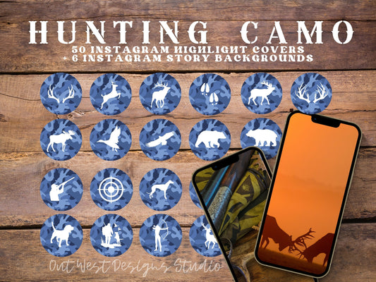 Hunting country Instagram highlight covers + story backgrounds - Blue camo - country + western IG icons | deer elk bear hunter social media