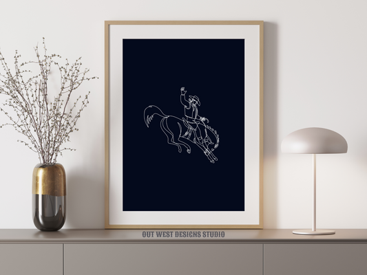 Bronc cowboy line drawing print - Western cowgirl home decor | Rodeo poster
