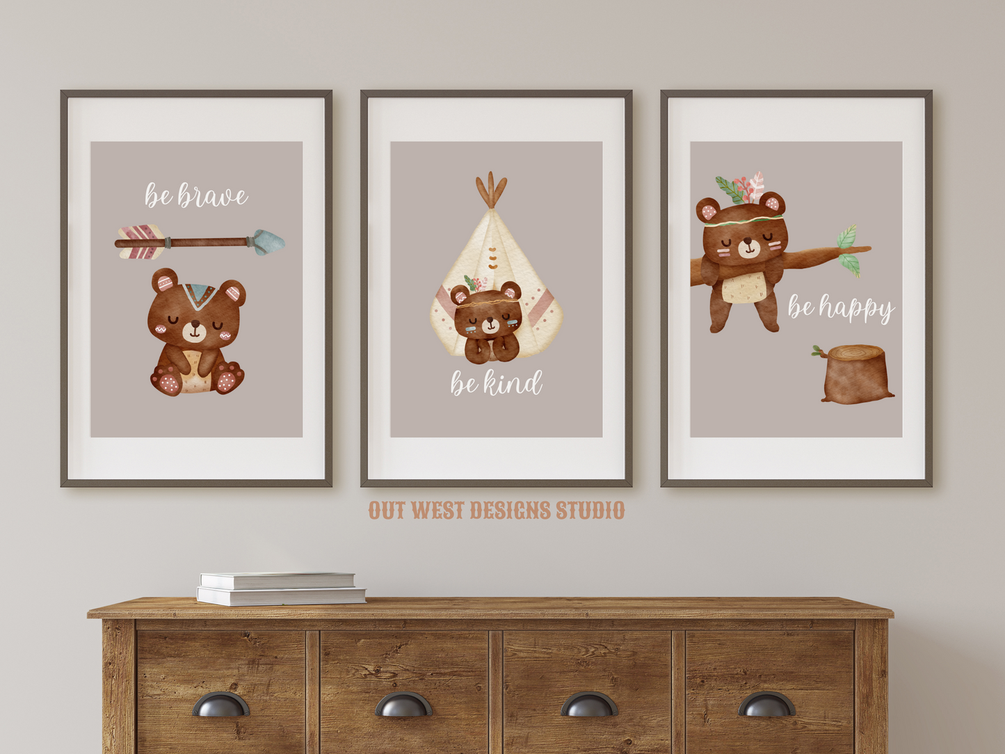 Tribal Bears print - babies, toddler girls + boys nursery home wall decor - be brave, kind, happy, boho pony kids woodland bedroom