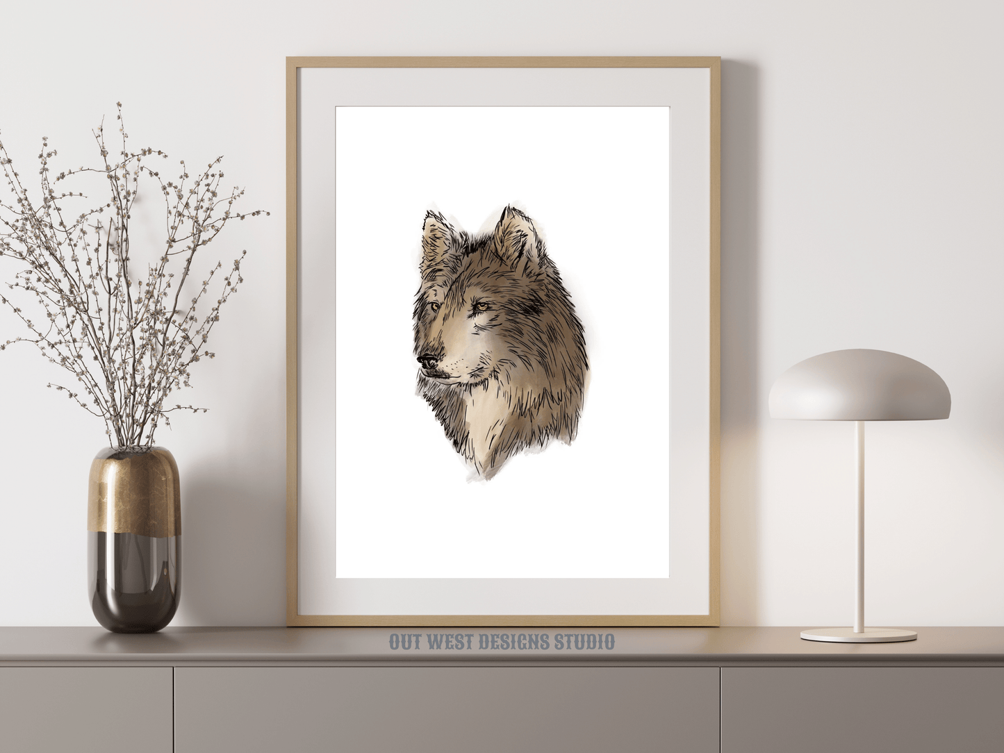 Wolf sketch print - grey wolf nature art poster hand drawn in grey, brown + white - by 'Out West Country.'