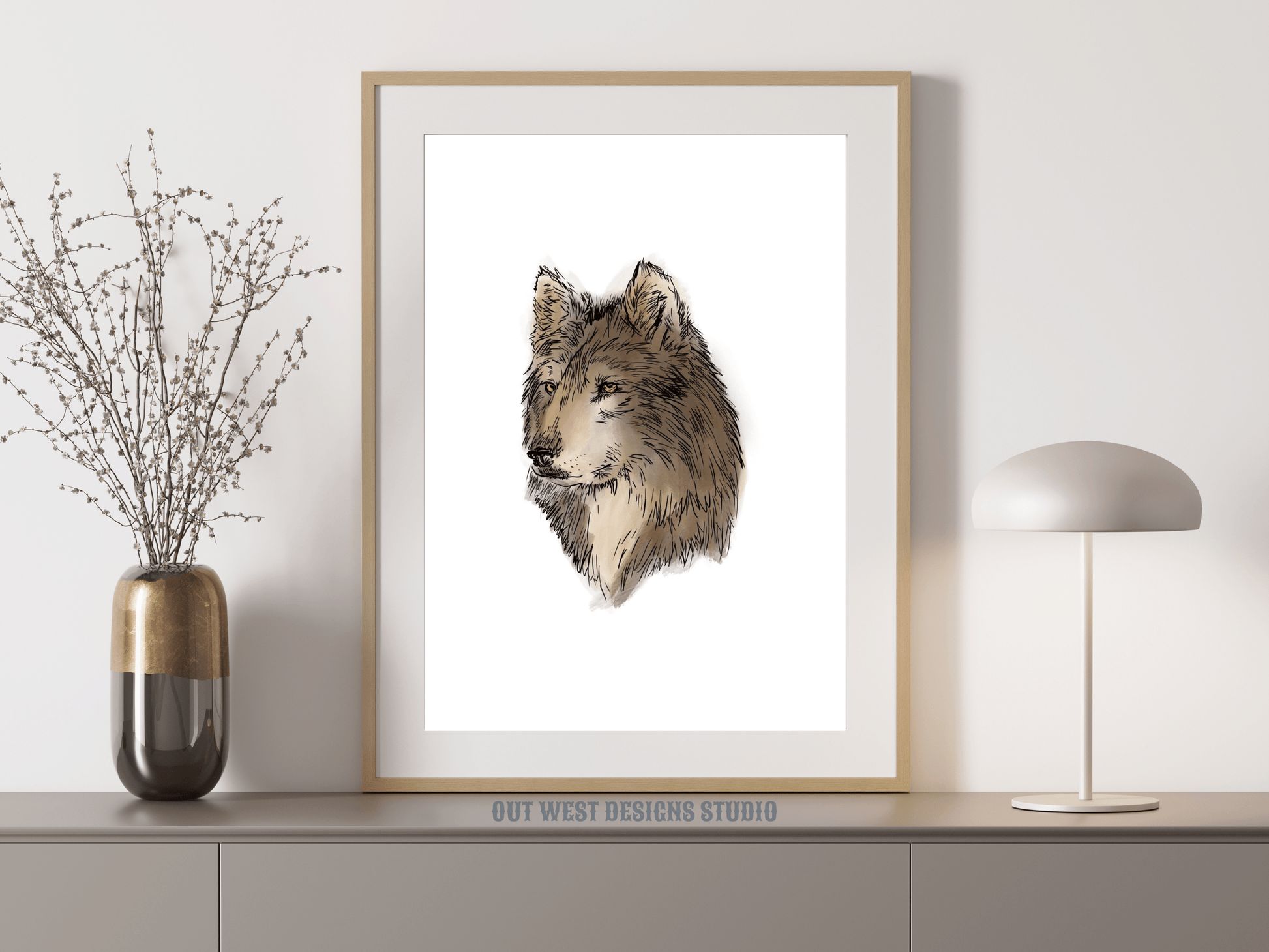 Wolf sketch print - grey wolf nature art poster hand drawn in grey, brown + white - by 'Out West Country.'