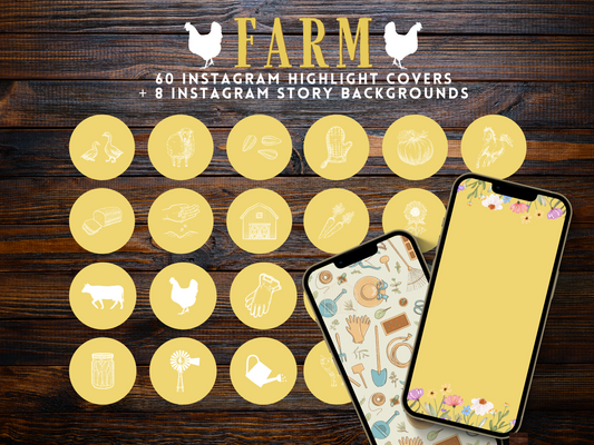 Farm + homesteading yellow Instagram highlight covers + story backgrounds. Garden + farm animals + flower illustrations + icons