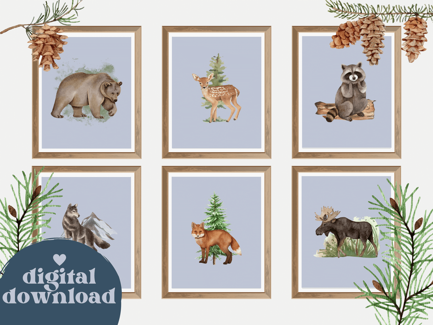 Woodlands animal print- babies, toddler boys + girls nursery home wall decor - fox deer raccoon wolf moose bear Canadian kids bedroom