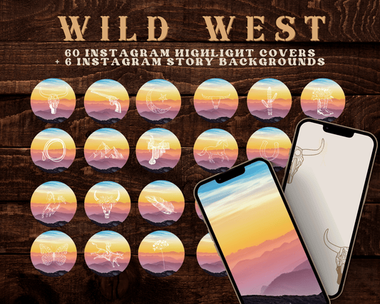 Wild West Cowgirl Instagram highlight covers + story backgrounds - Mountain sunset + pink western rodeo IG icons for social media
