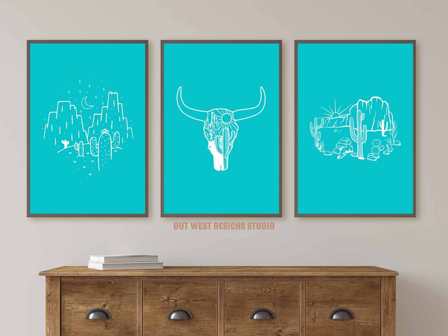 Printable Cowgirl Desert set of 3 prints in Aqua blue turquoise + white - Western home decor Poster wall art long horn cactus south western!