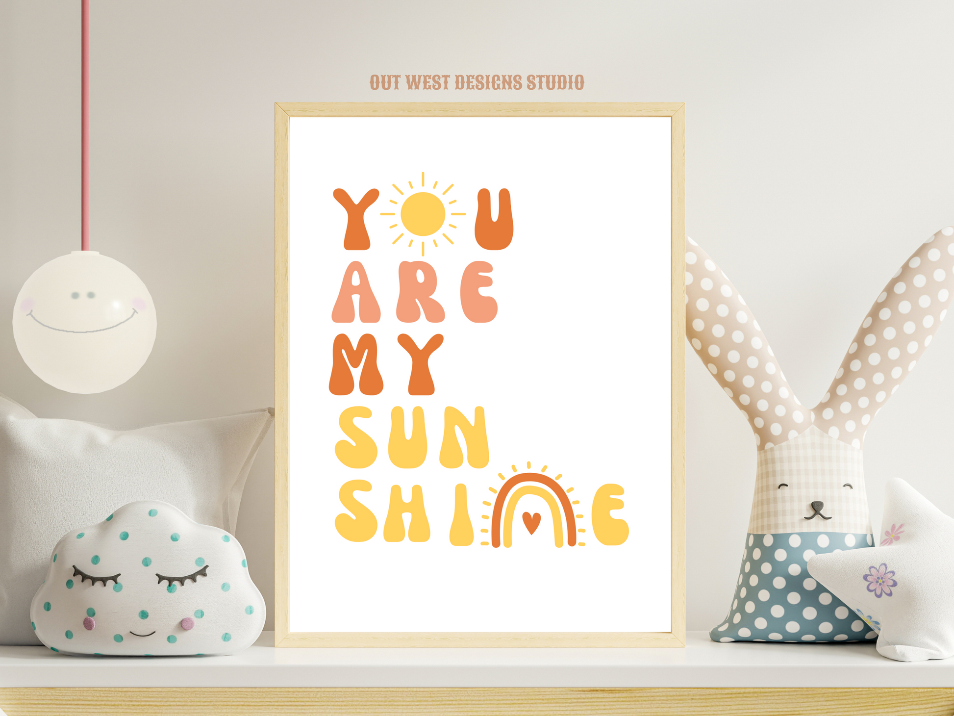 You are my sunshine nursery print in pink, orange + yellow | Kids bedroom poster art | boho babies nursery decor girls + boys room