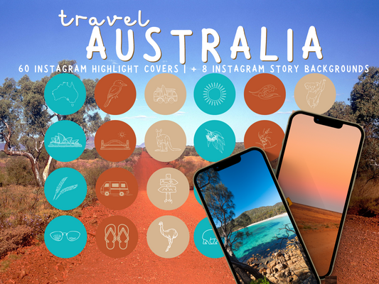 Australian travel boho Instagram highlight covers + story backgrounds - Outback orange turquoise cream color Australian wanderlust IG icons