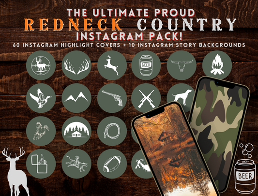 REDNECK Country Instagram highlight covers + story backgrounds - Green hunting camo - Western IG icons | deer elk bear hunter social media