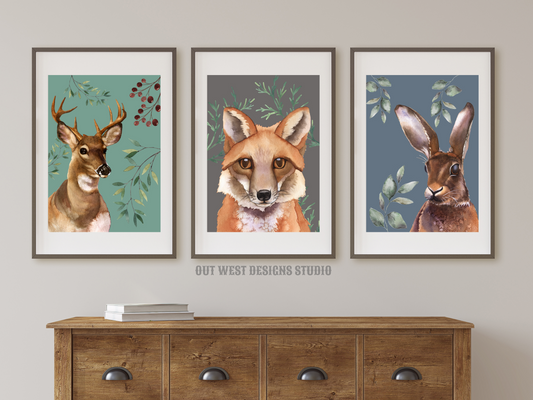 Woodlands animal print- babies, toddler boys nursery home wall decor - fox deer + rabbit hare water-color kids bedroom