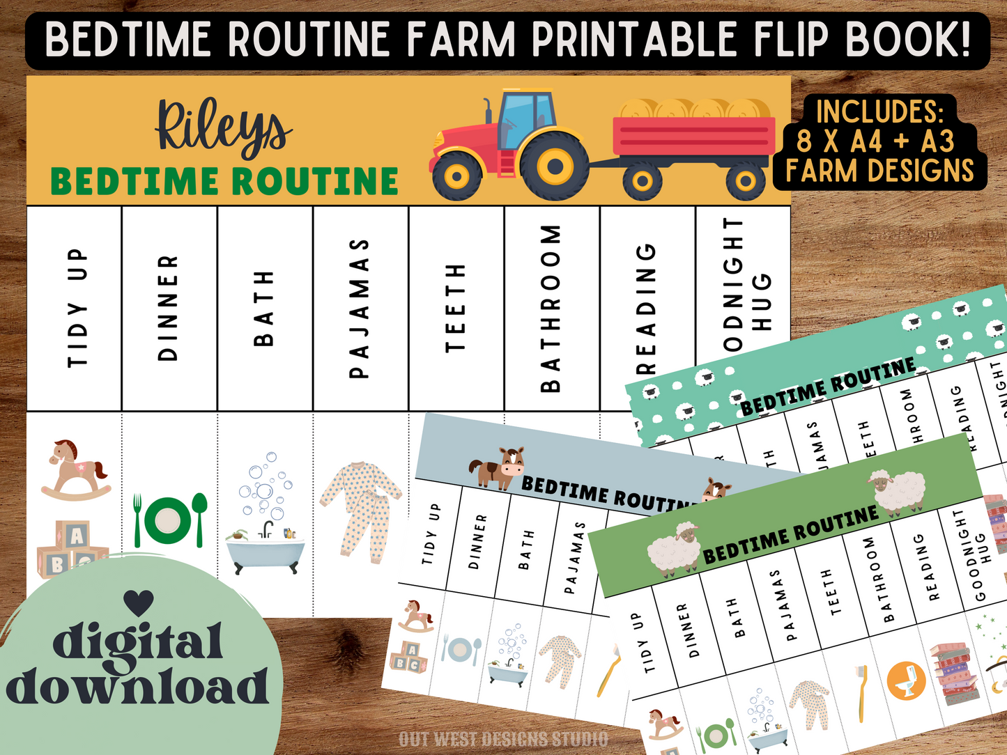 Farm Bedtime night Routine | Digital wakeup Flip Chart | Chore Checklist Printable | Schedule for Kid | Montessori planner farming country