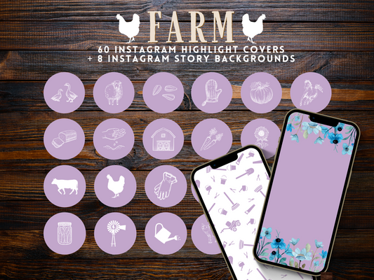 Farm + homesteading purple mauve Instagram highlight covers + story backgrounds. Garden illustrations + icons