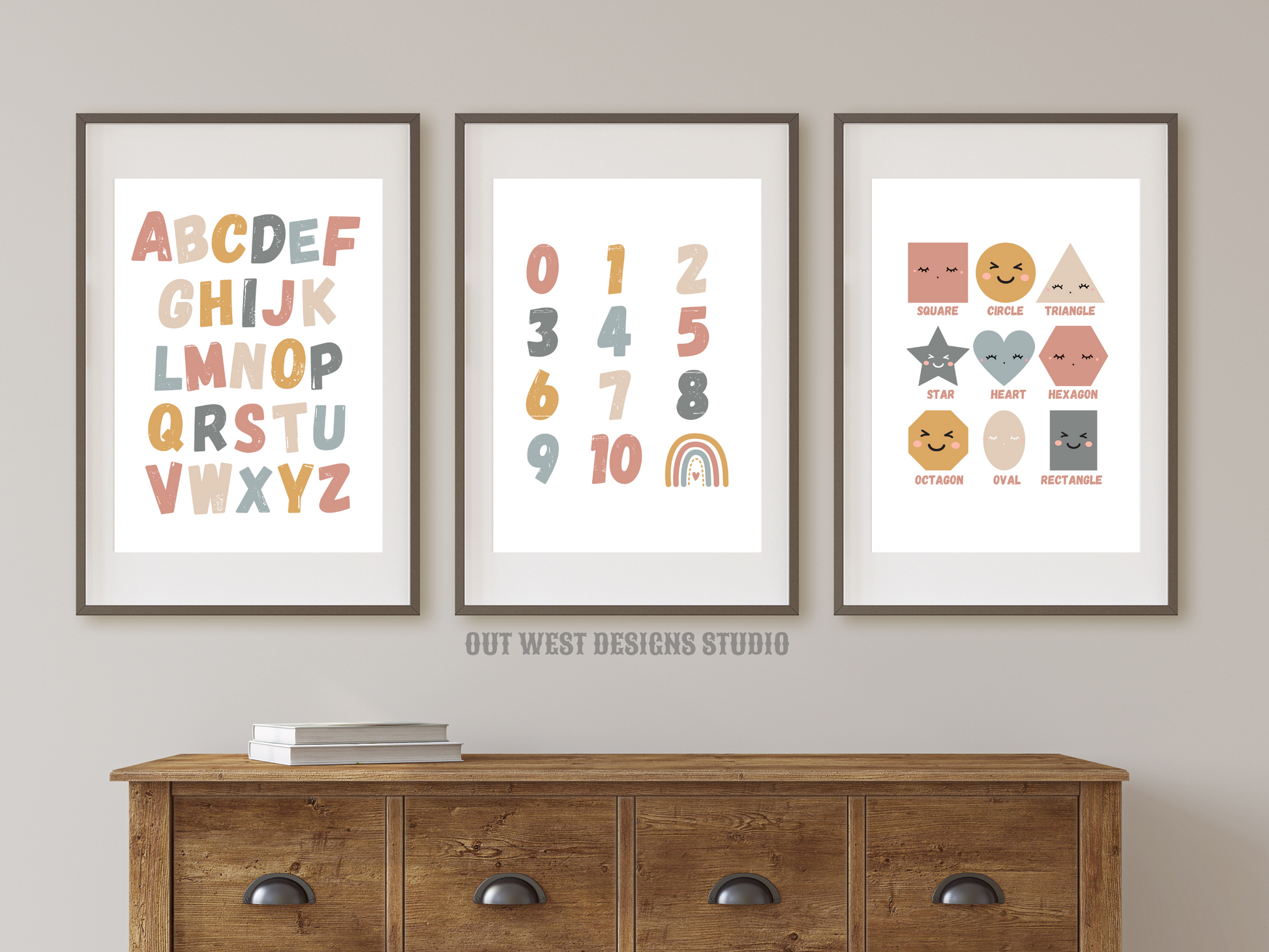 Pastel alphabet numbers + shapes print- babies, toddler boys nursery home wall decor - play room + kids bedroom educational poster art