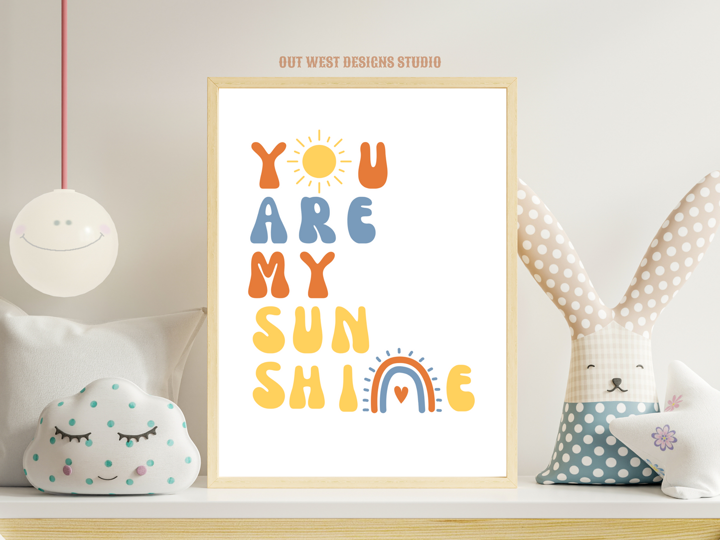 You are my sunshine nursery print in blue, orange + yellow | Kids bedroom poster art | boho babies nursery decor girls + boys room