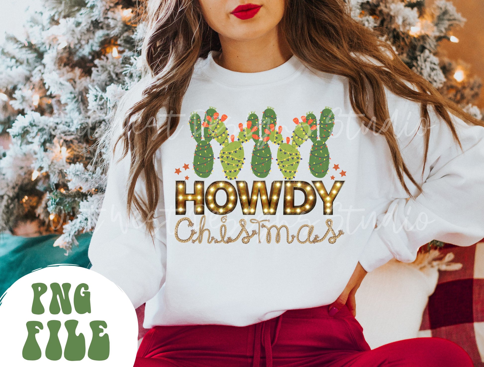 Howdy Cactus Christmas Country Sublimation, Western Png, Digital Illustration, Sublimation File, Xmas png, Cowgirl, Cowboy christmas