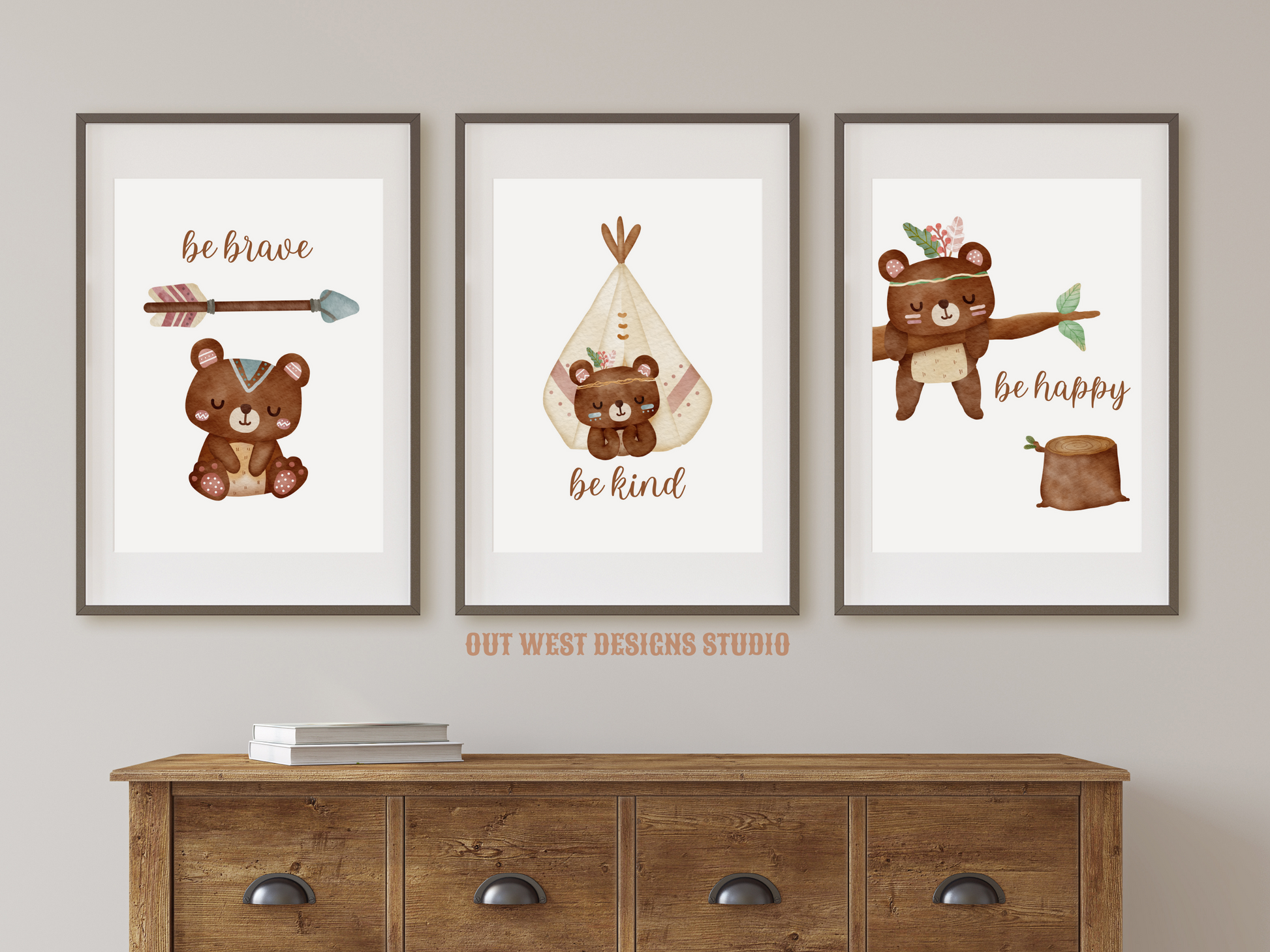 Tribal Bears print - babies, toddler girls + boys nursery home wall decor - be brave, kind, happy, boho pony kids woodland bedroom