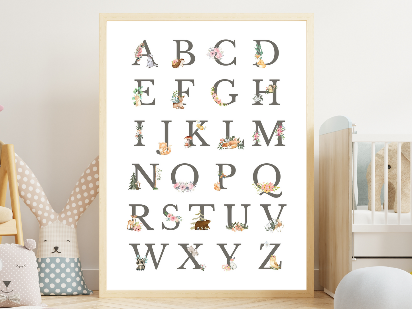 Alphabet Woodlands animals Poster Printable Wall Art GREY FONT | ABC Alphabet Print Kids | Boho + country Nursery Decor Playroom picture