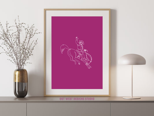 Bronc cowboy line drawing print - Western cowgirl home decor | Rodeo poster