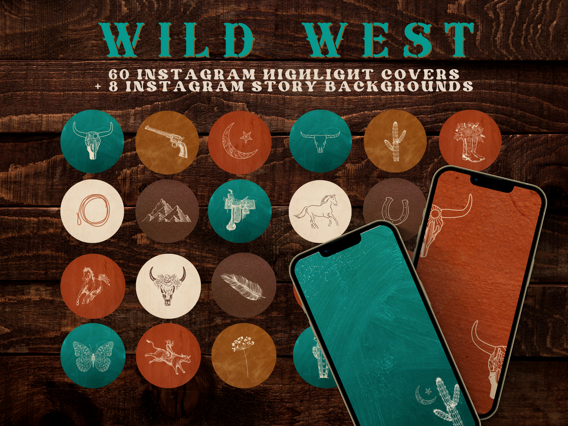 Wild West Western Cowgirl Instagram highlight covers + story backgrounds - Turquoise + rust