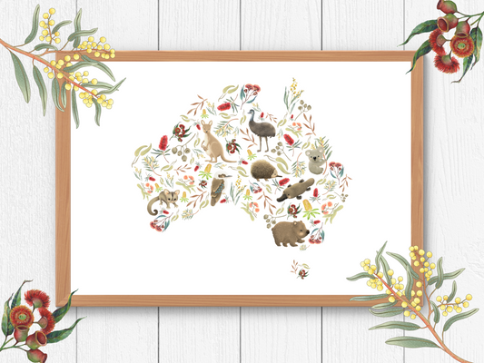 Australian animal map for Nursery print - baby toddler girls + boys home wall decor - kids bedroom- Koala, kangaroo, emu, possum, blossoms
