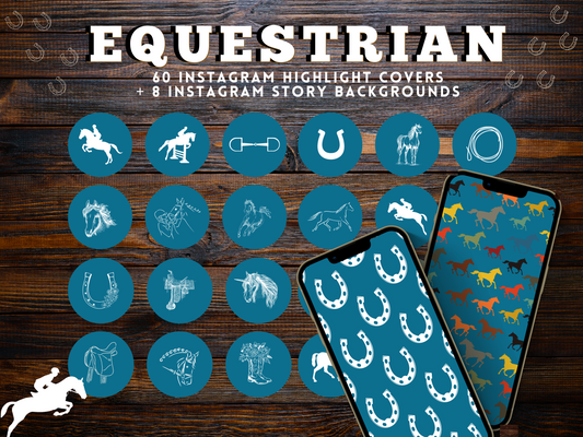 Equestrian horse riding Instagram highlight covers + story backgrounds - show jumping, pony, dressage, rodeo cowgirl blue IG icons