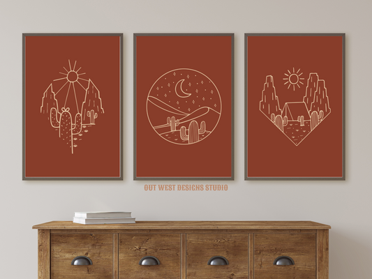 Printable Southwest Cowgirl Desert set of 3 prints in rust + cream color - Western home decor - Poster wall art long horn, cactus, moon