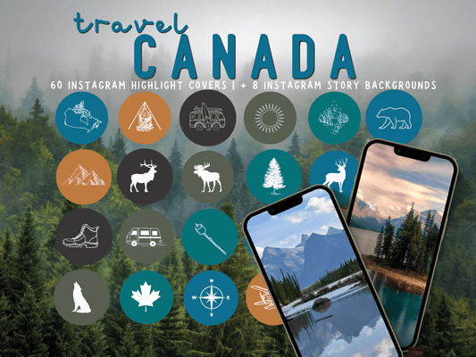 Canada Adventure travel boho Instagram highlight covers + story backgrounds - Canadian yellow blues | exploring wanderlust camping IG icons
