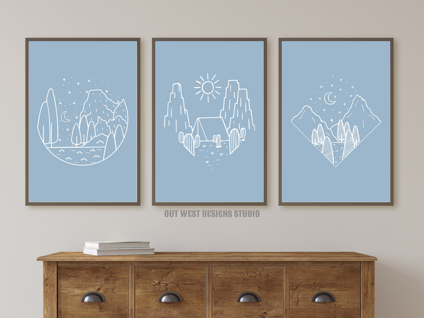 Printable Western Wilderness Cowgirl set of 3 prints in baby blue + cream color - home decor Poster wall art mountains, tent, south western!