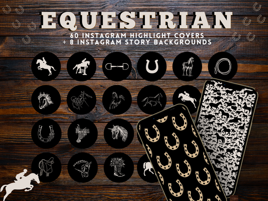 Equestrian horse riding Instagram highlight covers + story backgrounds - show jumping, pony, dressage, rodeo cowgirl black IG icons