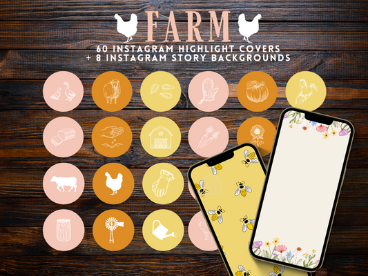 Spring Farm + homesteading Instagram highlight covers + story backgrounds Garden + animals + flower icons- yellow orange + pink