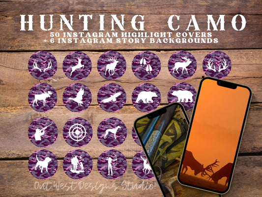 Hunting country Instagram highlight covers + story backgrounds - Pink + purple camo - country + western IG icons | deer hunter social media