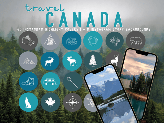 Canada Adventure travel boho Instagram highlight covers + story backgrounds - Canadian icey blues | exploring wanderlust camping IG icons