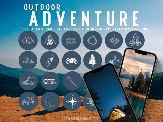 Outdoor Adventure travel boho Instagram highlight covers + story backgrounds - blue | exploring wanderlust camping IG icons