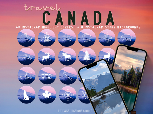 Canada Adventure travel boho Instagram highlight covers + story backgrounds - Canadian pastel sunset | exploring wanderlust camping IG icons