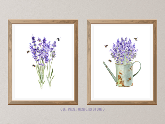 Lavender and bumble bees garden floral watercolor art print | farm house homesteading flower poster