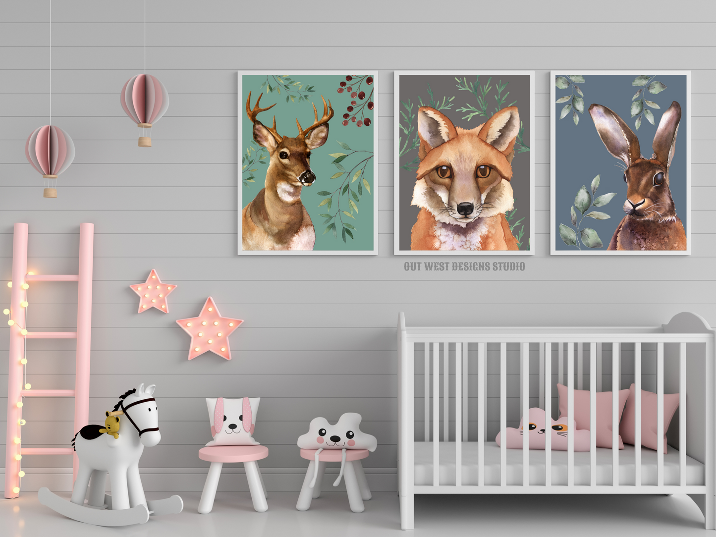 Woodlands animal print- babies, toddler boys nursery home wall decor - fox deer + rabbit hare water-color kids bedroom