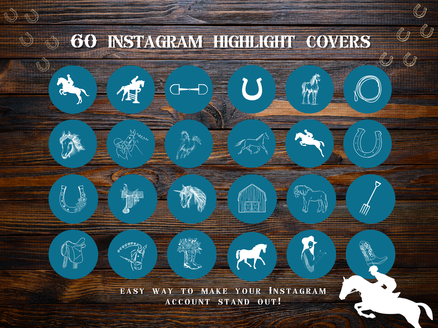 Equestrian horse riding Instagram highlight covers + story backgrounds - show jumping, pony, dressage, rodeo cowgirl blue IG icons