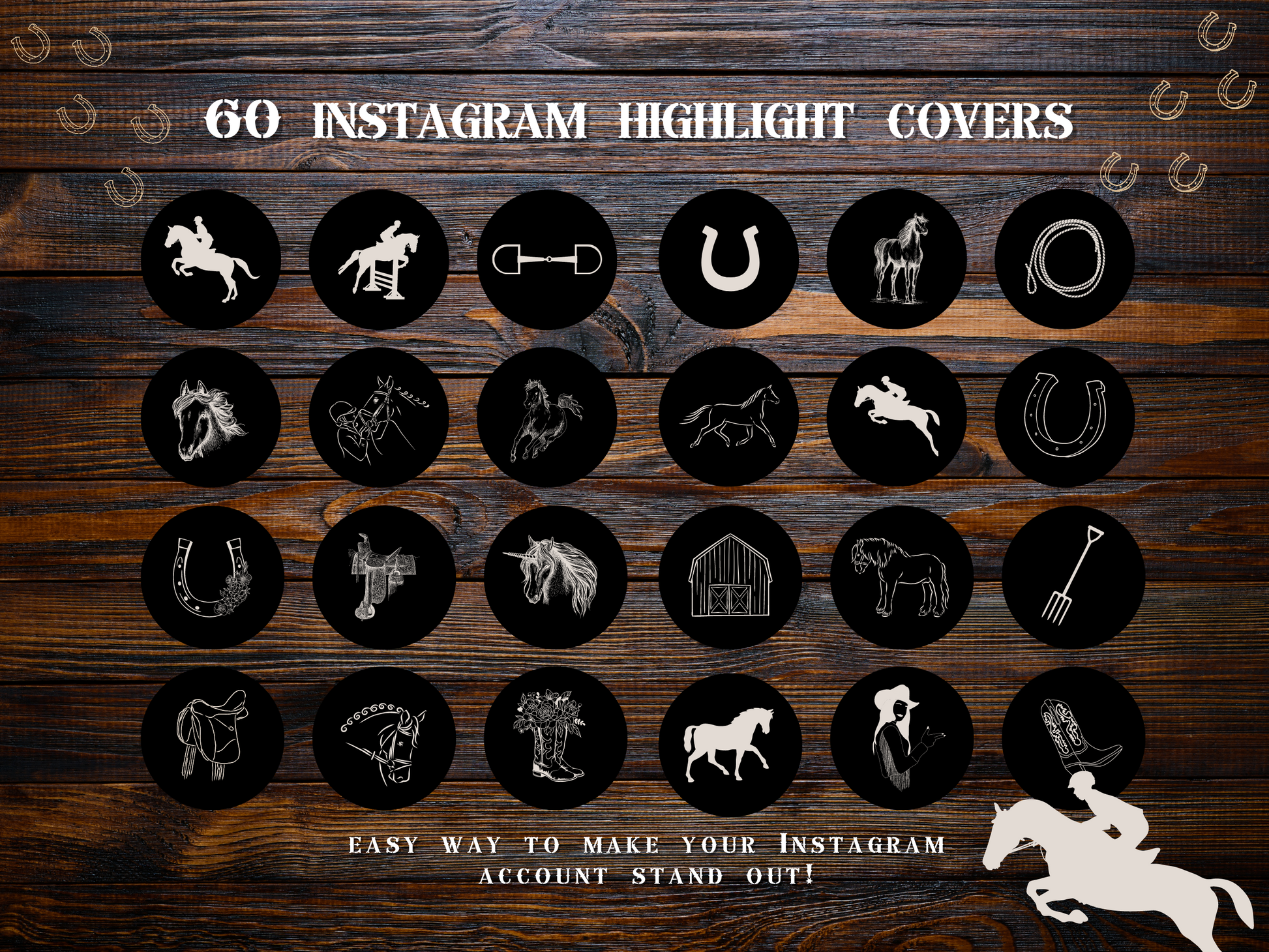 Equestrian horse riding Instagram highlight covers + story backgrounds - show jumping, pony, dressage, rodeo cowgirl black IG icons