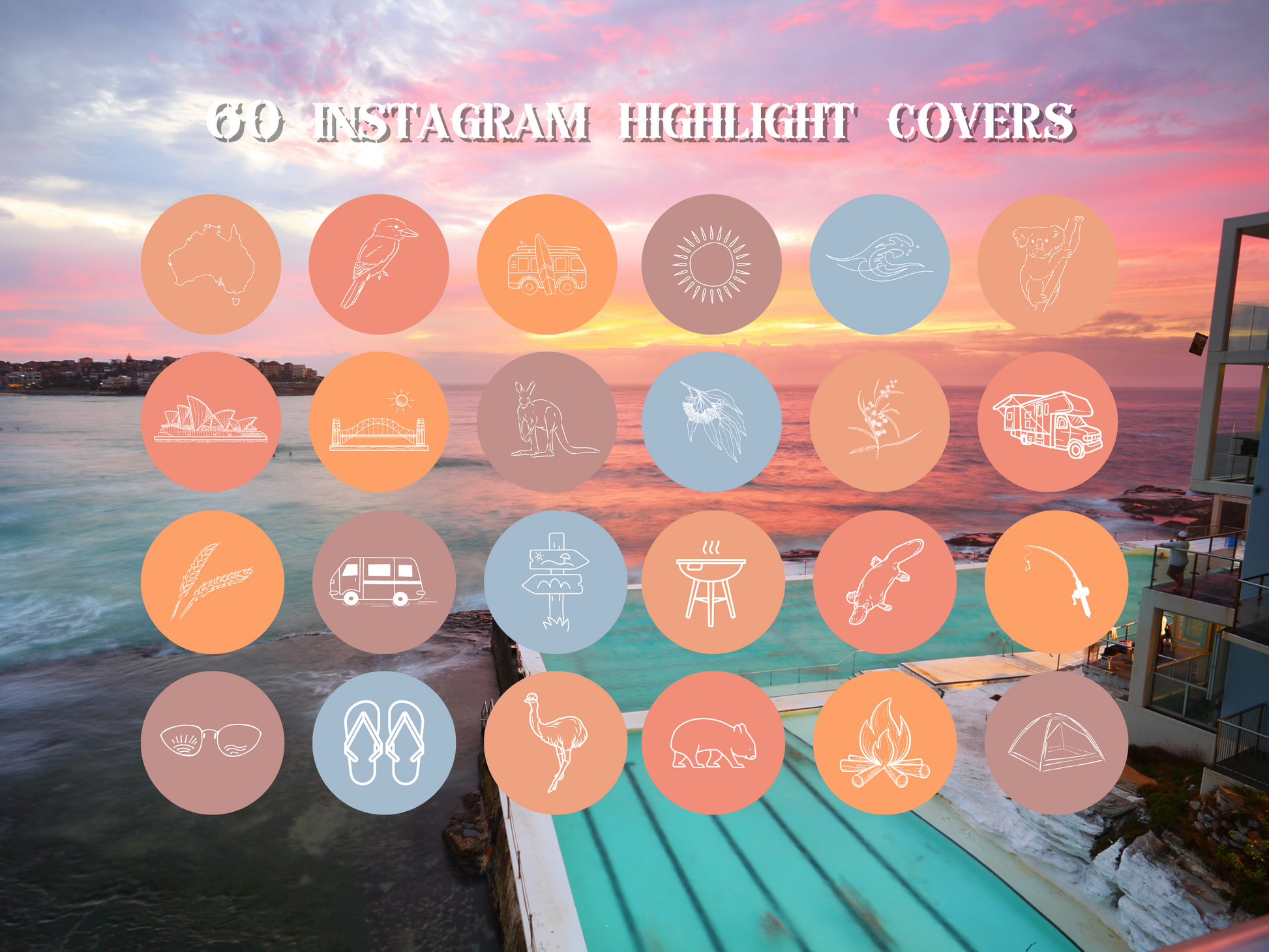 Australian travel boho Instagram highlight covers + story backgrounds - Outback orange pinks cream color Australia wanderlust IG icons