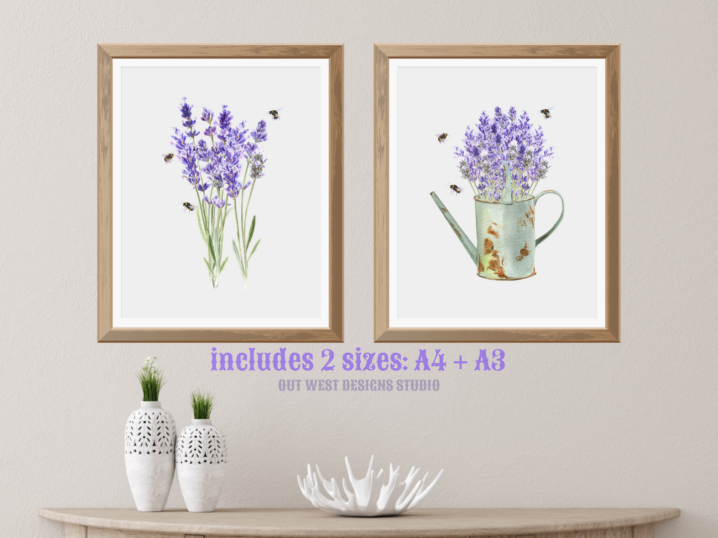 Lavender and bumble bees garden floral watercolor art print | farm house homesteading flower poster