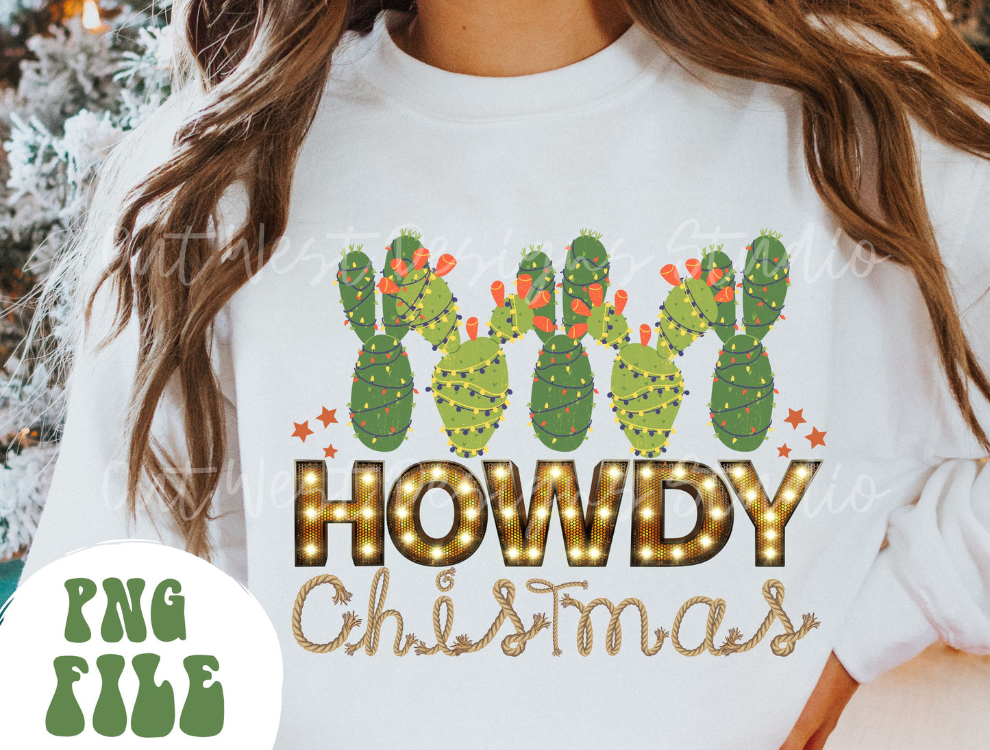 Howdy Cactus Christmas Country Sublimation, Western Png, Digital Illustration, Sublimation File, Xmas png, Cowgirl, Cowboy christmas