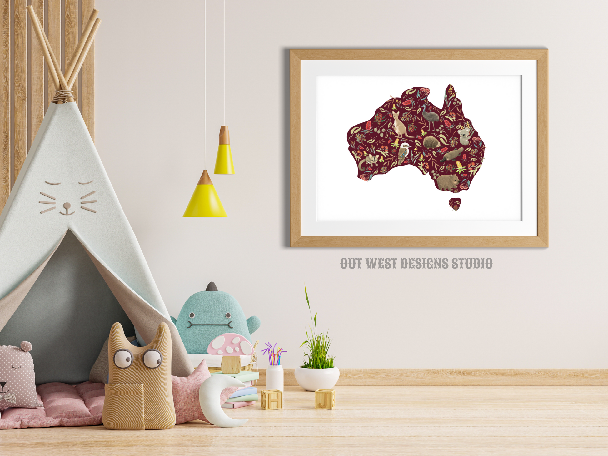 Australian animal map for Nursery print - baby toddler girls + boys home wall decor - kids bedroom- Koala, kangaroo, emu, possum, blossoms