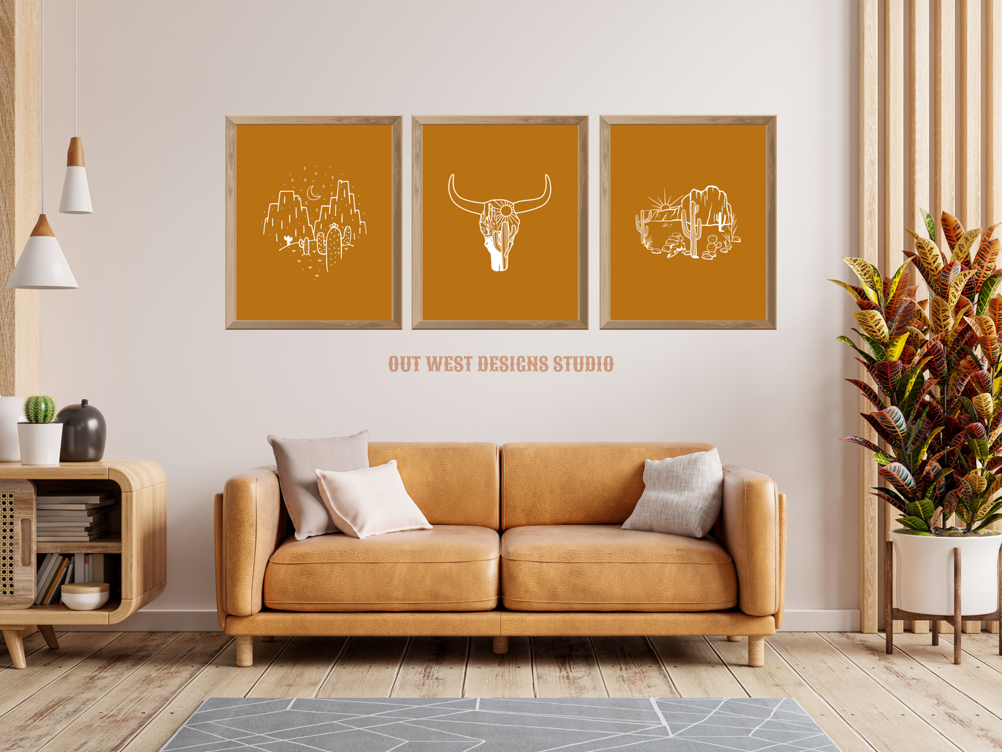 Printable Cowgirl Desert set of 3 prints in Mustard yellow + white - Western home decor - Poster wall art long horn, cactus, south western!