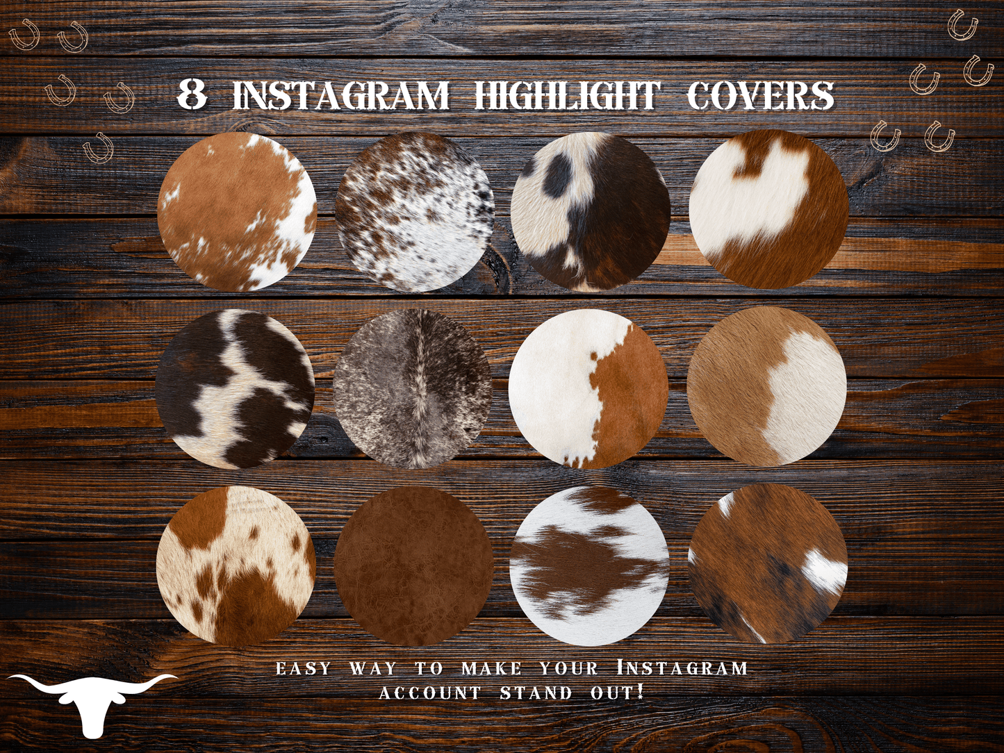 Cowhide Western Cowgirl Instagram highlight covers + story backgrounds - Cow print Wild West farm IG icons farming homesteading cattle