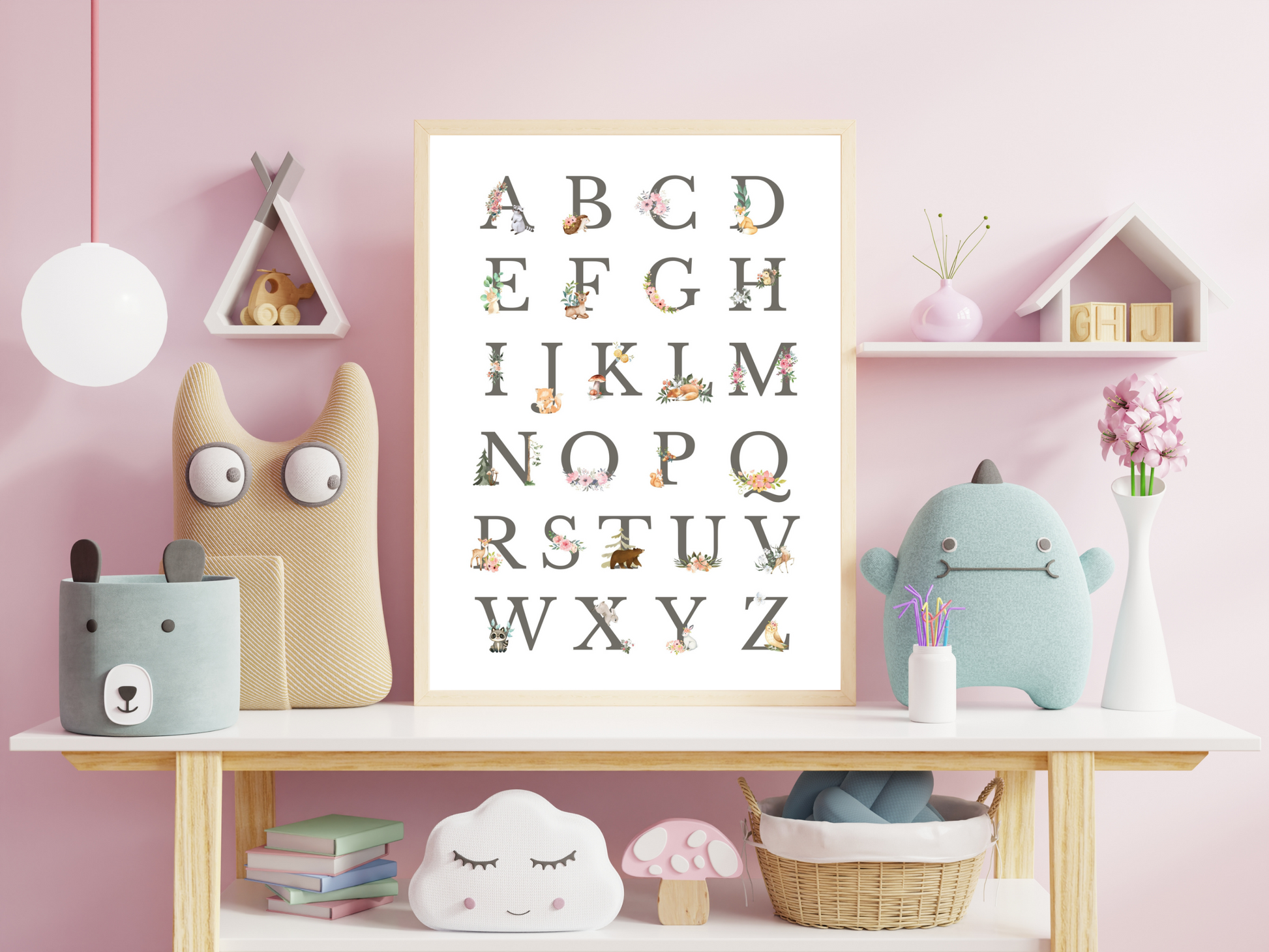 Alphabet Woodlands animals Poster Printable Wall Art GREY FONT | ABC Alphabet Print Kids | Boho + country Nursery Decor Playroom picture