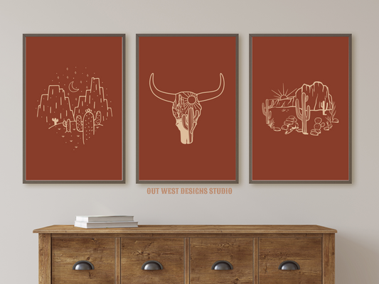 Printable Cowgirl Desert set of 3 prints in rust + cream color - Western home decor - Poster wall art long horn, cactus, south western!