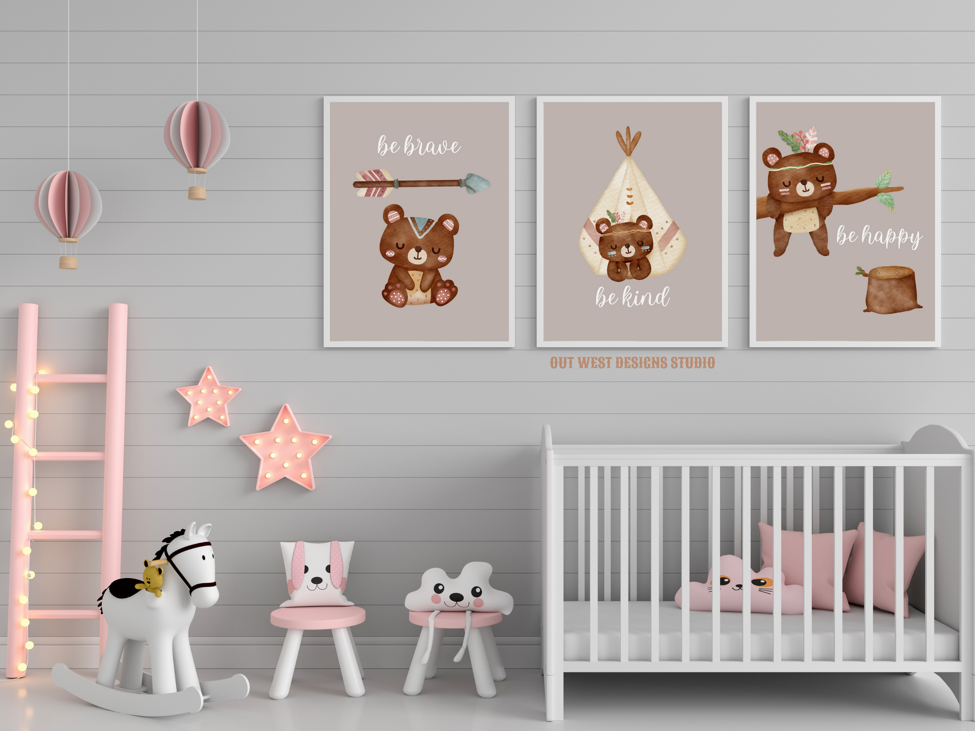 Tribal Bears print - babies, toddler girls + boys nursery home wall decor - be brave, kind, happy, boho pony kids woodland bedroom