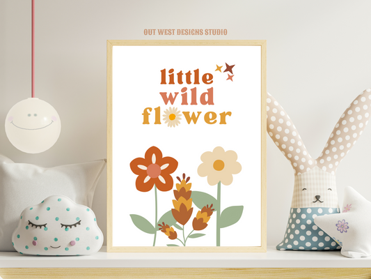 Little Wildflower print in pink, orange + yellow | Kids bedroom poster art | boho wild flower digital print babies nursery decor girls room