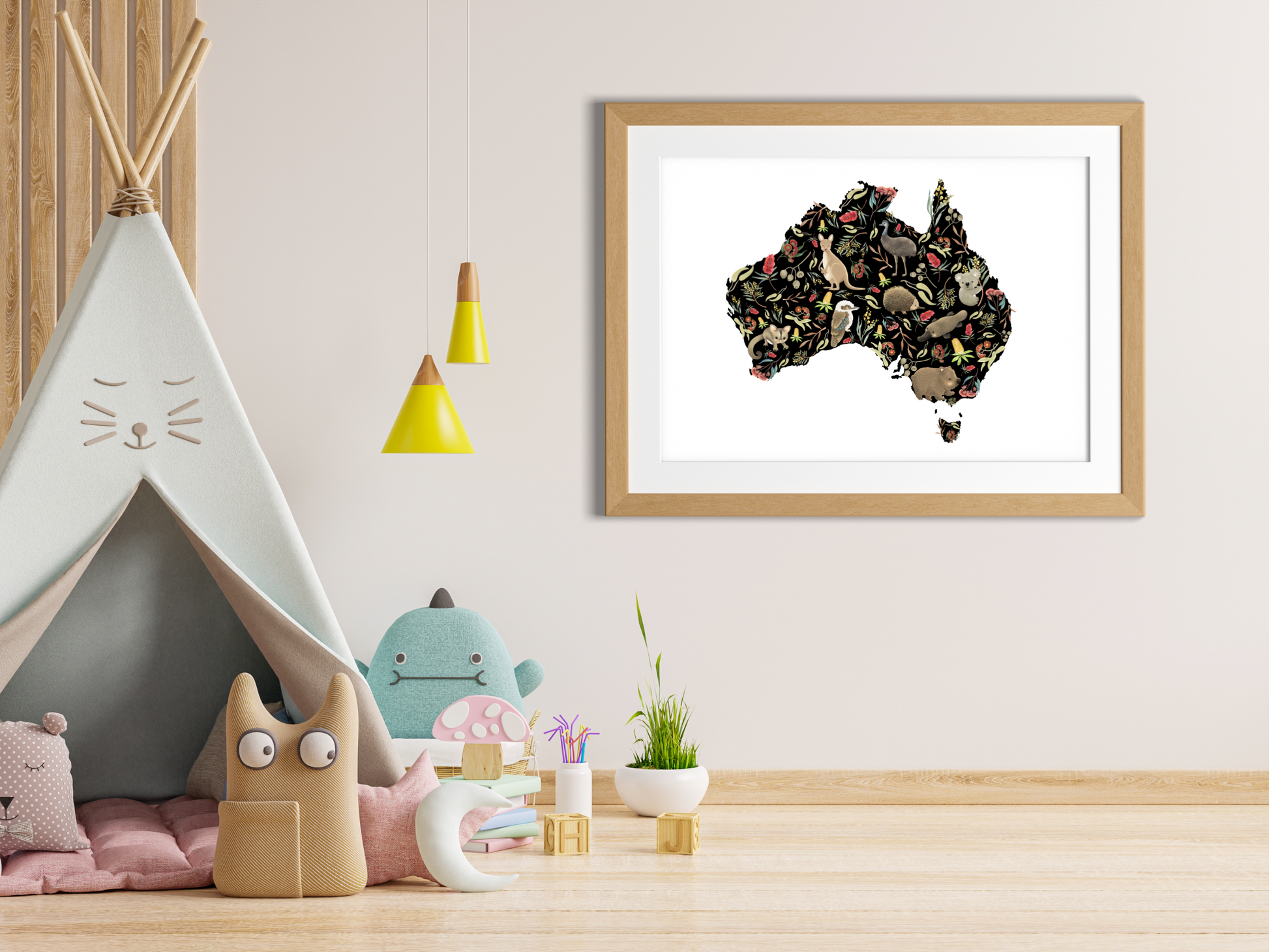 Australian animal map for Nursery print - baby toddler girls + boys home wall decor - kids bedroom- Koala, kangaroo, emu, possum, blossoms