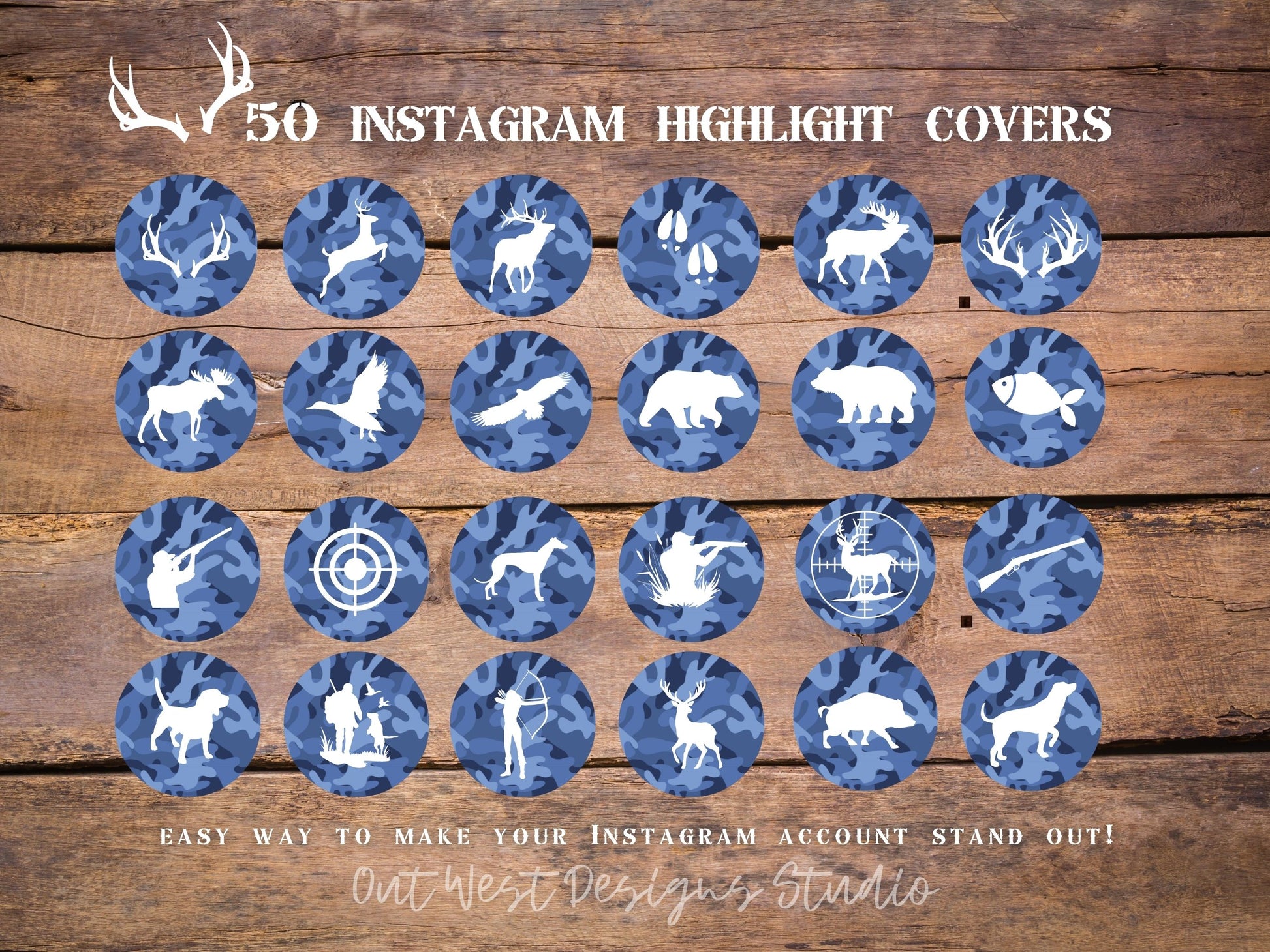 Hunting country Instagram highlight covers + story backgrounds - Blue camo - country + western IG icons | deer elk bear hunter social media