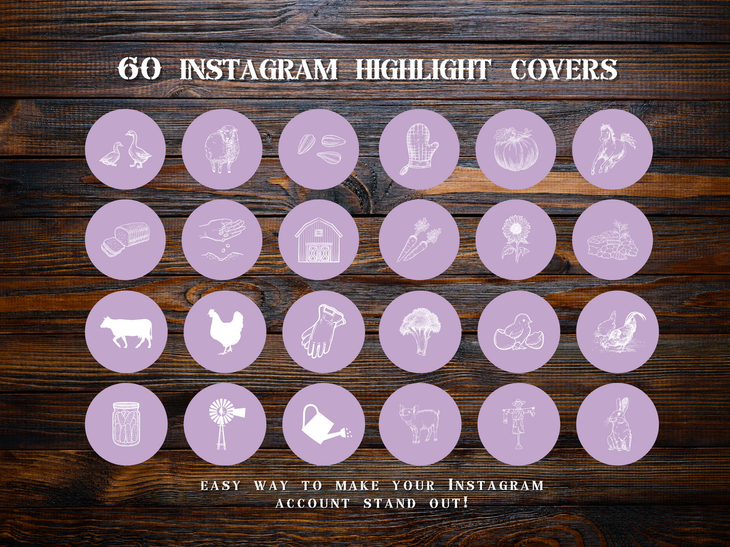 Farm + homesteading purple mauve Instagram highlight covers + story backgrounds. Garden illustrations + icons